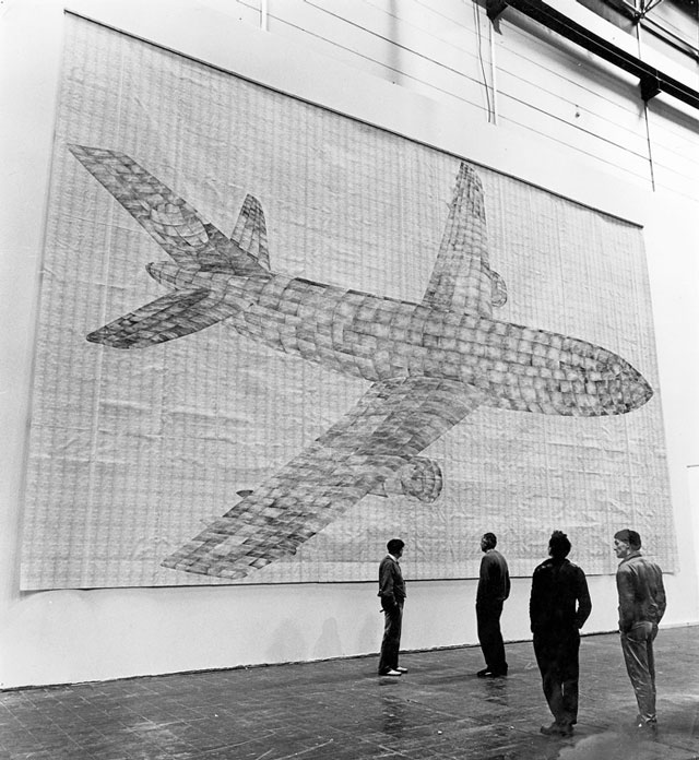 Thomas Bayrle. Airplane, 1982–83. Photo-collage on paper, 315 x 527 1/2 in (800 x 1340 cm). Installation view: dOCUMENTA 13, Kassel, 2012. Photograph: Nikolaus Schletterer.